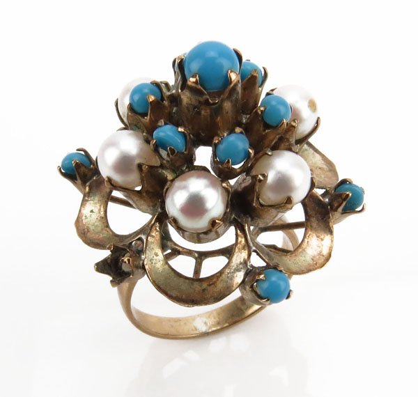 Art Nouveau 14 Karat Yellow Gold Pearl and Turquoise (1 of 1)
