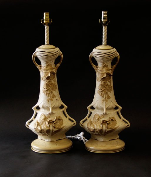 Pair of Royal Dux Art Nouveau Hand Painted Porcelain: Pair of Royal Dux Art Nouveau Hand Painted Porcelain Lamps. Minor Nicks or else Good Condition. Measures 31" H by 12-1/2" W. We Will Not Ship This Item Due to Its Size but will Happily Provide A List