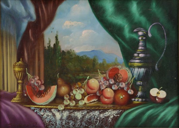 Oil on Board Still Life of Fruits and Window Scene Sign (1 of 1)