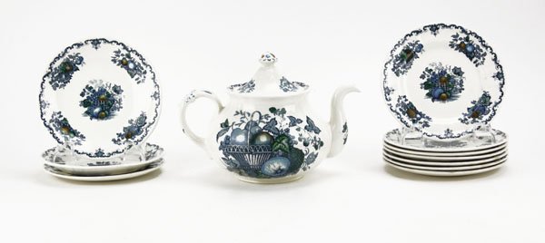 Masons England Porcelain Teapot along with Eight (8): Masons England Porcelain Teapot along with Eight (8) Plates and Two (2) Saucers. All in the Fruit Basket Pattern. Good Condition. Teapot Measures 9" H by 8" W. Shipping $30.00