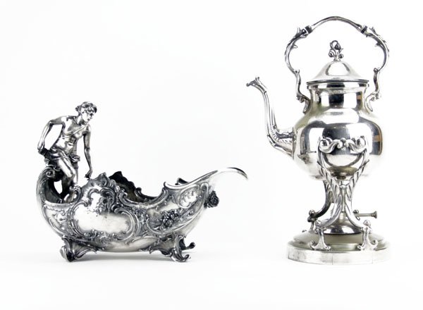 Large Art Nouveau Style Serving Tray with Nude Figure: Large Art Nouveau Style Silver Plated Serving Tray with Nude Figure Including Silver Plated Tea Pot on Stand. Tarnished, Some Surface Wear or else Good Condition. Tray Measures 10" H by 13-1/2" Long.