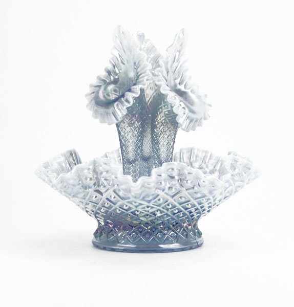 Vintage Fenton Iridescent Ruffled Glass Epergne. Good C: Vintage Fenton Iridescent Ruffled Glass Epergne. Good Condition. Measures 12" H by 11-1/4" Across. Shipping $35.00