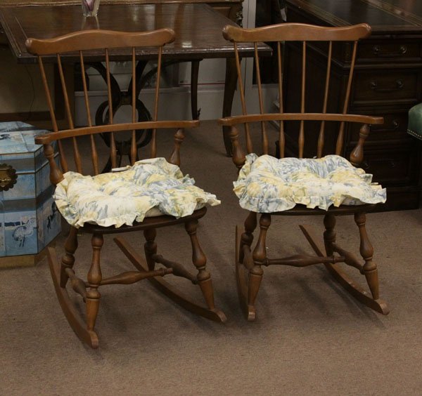 Pair of Windsor Wooden Rocking Chairs. Some Wear to Sur: Pair of Windsor Wooden Rocking Chairs. Some Wear to Surface or else Good Condition. Measures 35" H by 25" W. We Will Not Ship This Item Due to Its Size but will Happily Provide A List of Outside Vendo