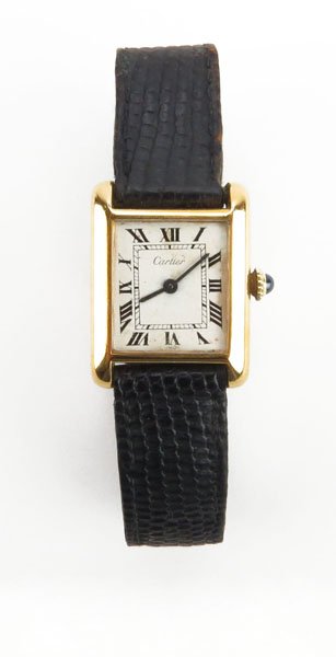 Cartier Style Tank Watch in Original Box. Some Wear to: Cartier Style Tank Watch in Original Box. Some Wear to Band, Plating Slightly Peeled from Use or else Good Condition. Shipping $20.00