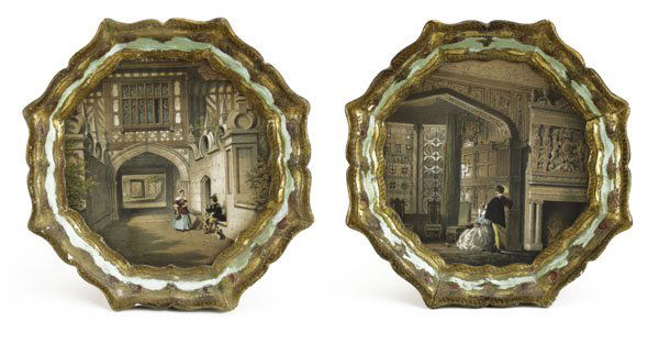 Lot of Two (2) French Colored Prints in Gilt Gesso Fram (1 of 1)