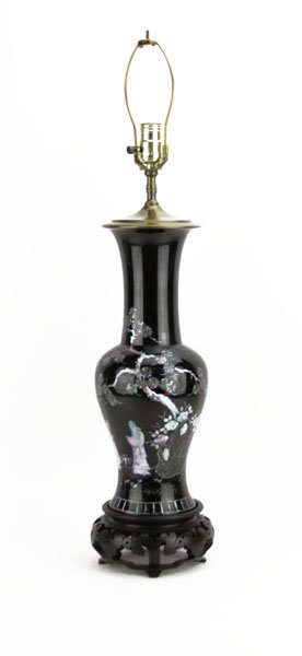 Mother of Pearl Inlaid Oriental Lamp on Wooden Stand. (1 of 1)