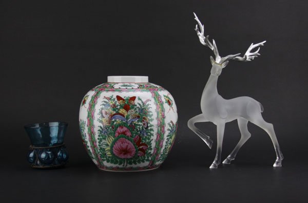 Lot of Three (3) Items. Lucite Buck, Blue Glass and Met (1 of 1)