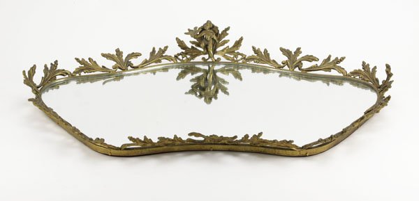 Vintage French Metal Mirrored Dresser Tray with Cherub.: Vintage French Metal Mirrored Dresser Tray with Cherub. Some Bending to Frame or else Good Condition. Measures 3-1/2" H by 24" Long. We Will Not Ship This Item Due to Its Size but will Happily Provide