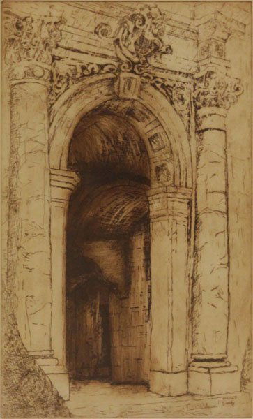 Vintage Etching Cathedral Entrance. Signed Sandy 4-11-6 (1 of 1)