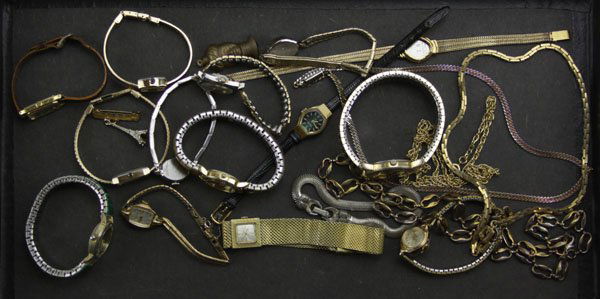 Tray Lot of Watches and Costume Jewelry. Clocks Need Ba (1 of 1)