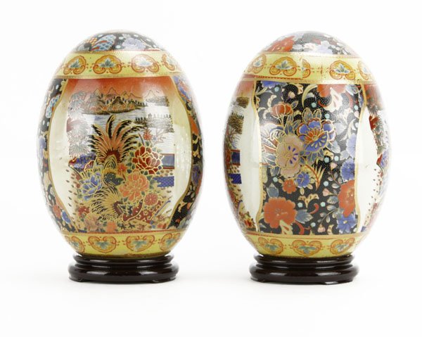 Pair of Satsuma-Style Porcelain Eggs on Wood Bases. Mea (1 of 1)