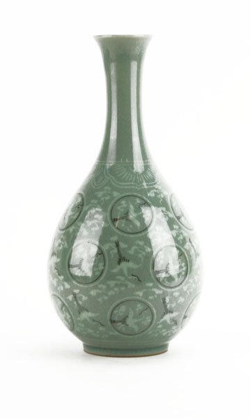 Korean Celadon Porcelain Vase. Crane Motif on Surface. (1 of 1)