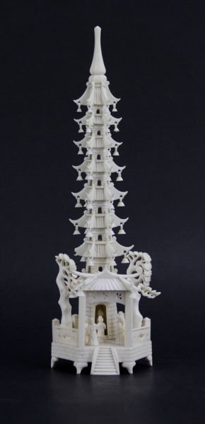 Asian Carved Ivory Pagoda Tower. Depicts a Village Entr (1 of 1)