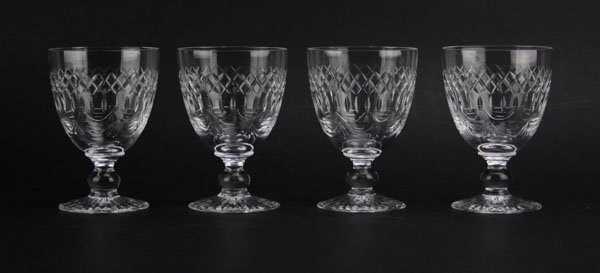 Set of Four (4) Edinburgh Cut Crystal Glasses. Acid Etc: Set of Four (4) Edinburgh Cut Crystal Glasses. Acid Etched on Base. Nick to 1 Glass or else Good condition. Measures 5" H by 3-1/2" in Dia. Shipping $35.00