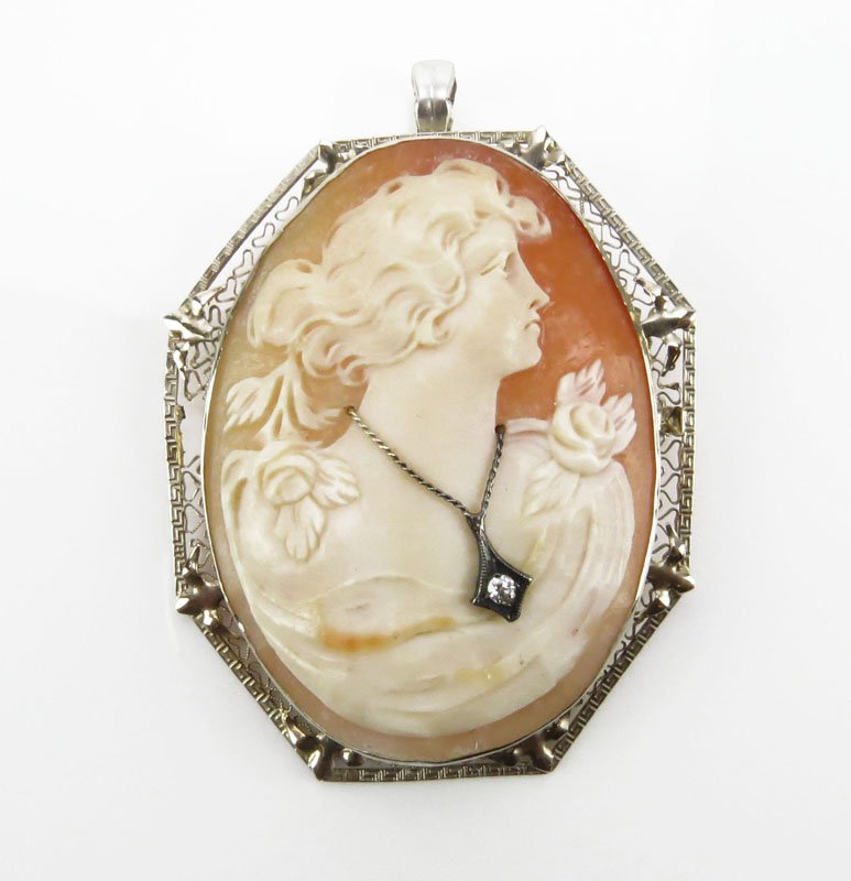 14 Karat White Gold and Carved Shell Cameo Pendant with (1 of 1)