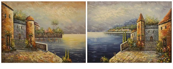 Two (2) Oil on Canvas Mediterranean Harbor Scenes Signe: Two (2) Oil on Canvas Mediterranean Harbor Scenes Signed Lower Right. Screw Holes to Frame or else Good Condition. Measures 42" H by 53-1/2" W. We Will Not Ship This Item Due to Its Size but will Happ