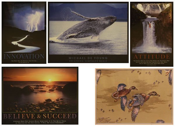 Four (4) Motivational Prints along with Sequenced Style: Four (4) Motivational Prints along with Sequenced Style Duck. Good Condition. Measures 26" H by 33" W. We Will Not Ship This Item Due to Its Size but will Happily Provide A List of Outside Vendors on