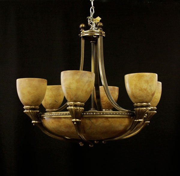 Modern Brass and Alabaster Chandelier. En Suite with Ne: Modern Brass and Alabaster Chandelier. En Suite with Next Lot. Missing Finial or else Good Condition. Measures 20" H by 25-1/4" W. We Will Not Ship This Item Due to Its Size but will Happily Provide A