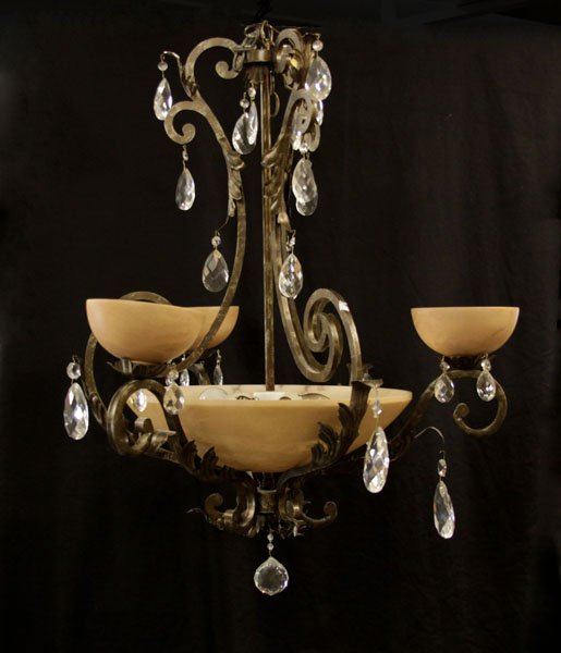 Modern Bronze and Alabaster Chandelier with Crystal Pri: Modern Bronze and Alabaster Chandelier with Crystal Prisms. Some Crystals with Chips or else Good Condition. Measures 35" H by 29" W. We Will Not Ship This Item Due to Its Size but will Happily Provid