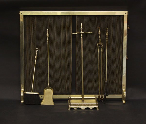 Brass Fireplace Screen with Tools. Holder for Screen is (1 of 1)