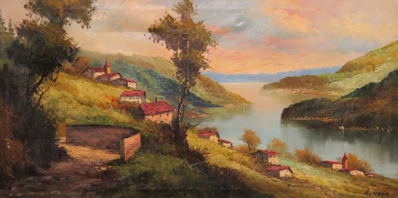 Large Italian School Over the Couch Oil on Canvas "Land: Large Italian School Over the Couch Oil on Canvas "Landscape with River" Signed Donato. Good Condition. Frame Measures 30" H by 53" W. We Will Not Ship This Item In-House Due to Its Size, But Would be