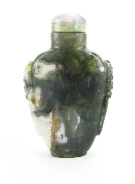 19th Century Chinese Carved Moss Agate Snuff Bottle wit (1 of 1)
