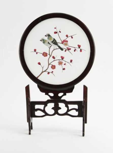 Vintage Chinese Table Screen Embroidery in Wooden Frame: Vintage Chinese Table Screen Embroidery in Wooden Frame. Some Bending to Frame. Measures 13-1/2" H by 7" W. Shipping $35.00