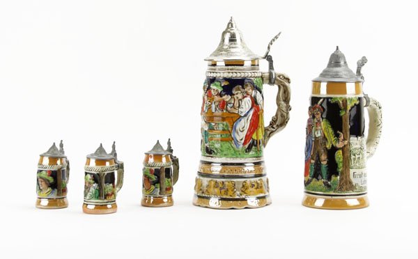 Five (5) German Beer Steins. Includes 1 Musical Steins. (1 of 1)