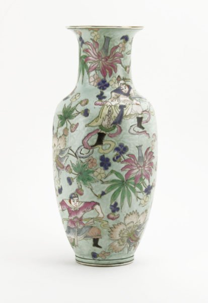 Chinese Hand Painted Vase with Flowers and Warriors Mot (1 of 1)