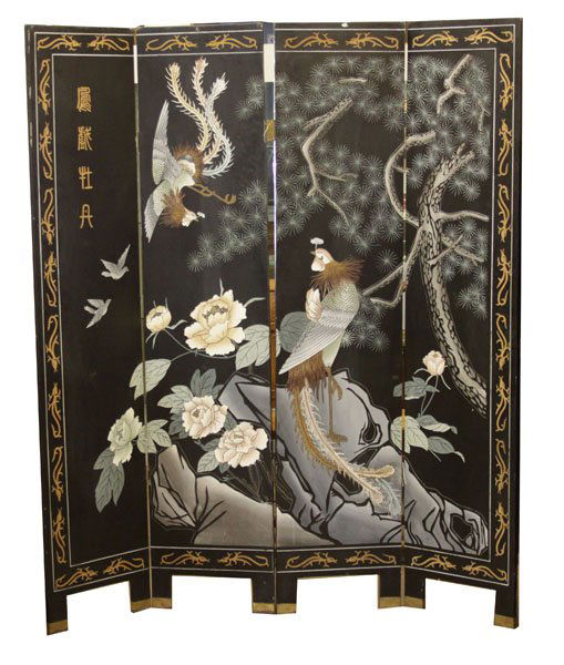 Vintage Oriental 4 Panel Wooden Screen with Birds and F (1 of 1)