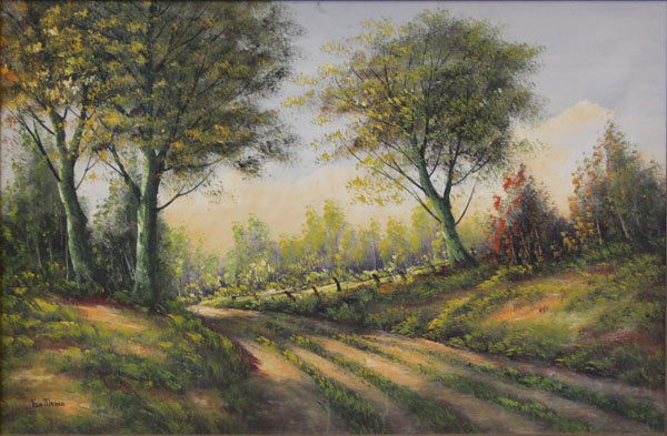 Framed Oil Painting of an Old Country Road Signed Van M: Framed Oil Painting of an Old Country Road Signed Van Menen Lower Left. Good Condition. Measures 28-1/2" H by 40-1/2" W. We Will Not Ship This Item Due to Its Size but will Happily Provide A List of O