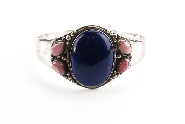 Sterling Silver Lapis and Pink Stone Cuff Bracelet. Sta (1 of 1)