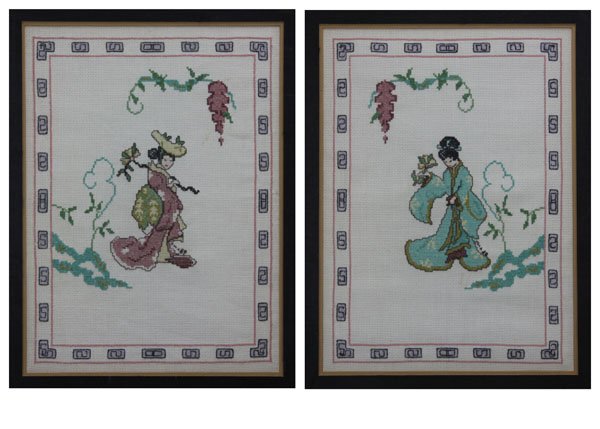 Pair of Chinese Framed Needle Points. Good Condition. M (1 of 1)
