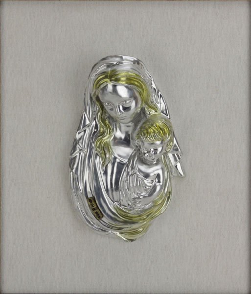 Italian Sterling Silver Arg 925 Madonna and Child Mount: Italian Sterling Silver Arg 925 Madonna and Child Mounted to Frame. Good Condition. Measures 17-1/4" H by 15-1/4" W. Shipping $60.00