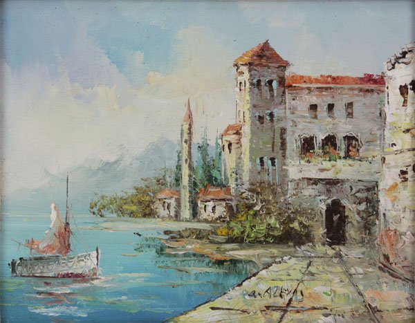 Signed C. Alexis Oil on Canvas of a Harbor Scene. Good (1 of 1)