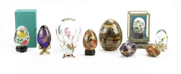 Reverse Painted Crystal Vase along with Assorted Egg Sh: Reverse Painted Crystal Vase along with Assorted Egg Shaped Items. Good Condition. Shipping $30.00
