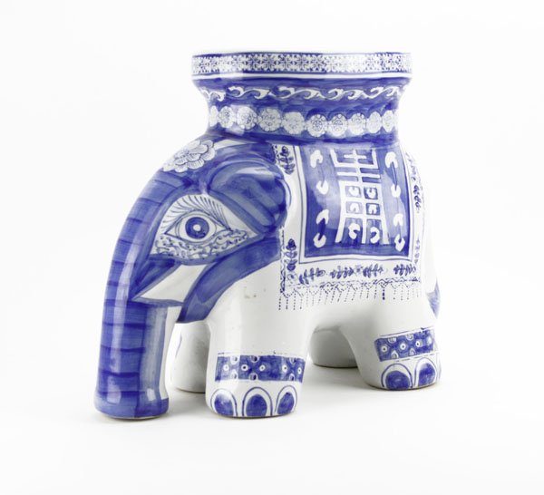 Chinese Style Blue and White Porcelain Garden Seat.: Chinese Style Blue and White Porcelain Garden Seat. Shaped into an Elephant. Good Condition. Measures 15" H by 17-1/2" W. We Will Not Ship This Item Due to Its Size but will Happily Provide A List of 