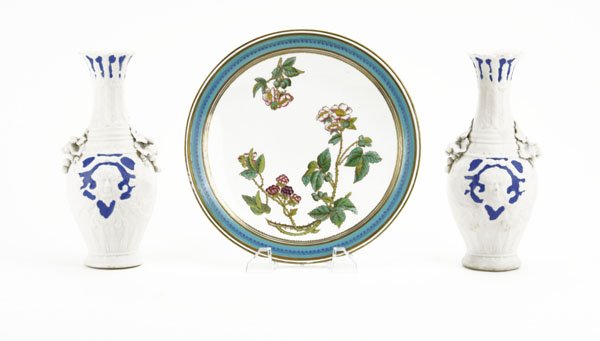 Antique Gilded Porcelain Plate along with a Pair of Vas (1 of 1)