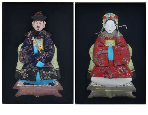 Pair of Vintage Chinese Embroidered Emperor and Empress: Pair of Vintage Chinese Embroidered Emperor and Empress in a Shadow Box Frame. Good Condition. Measures 22-1/2" H by 18" W. Shipping $110.00