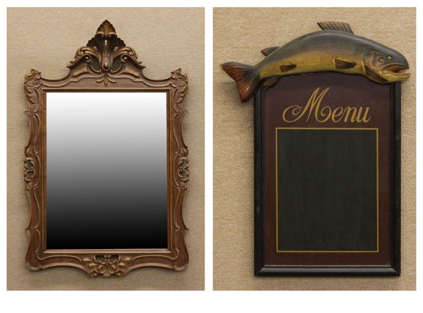 Mid Century Carved Wooden Beveled Glass Mirror along (1 of 1)