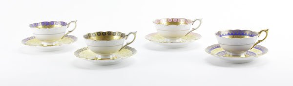 Set of Four (4) Royal Stafford Gild Scalloped Edge Cups: Set of Four (4) Royal Stafford Gild Scalloped Edge Cups and Saucers Est 1845. Small Stress Lines to 2 Cups. Saucers Measures 5-3/4" in Dia. Shipping $30.00