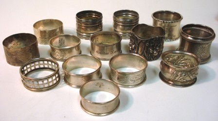 14 Sterling Napkin Ring Holders: Various makers 7 oz.