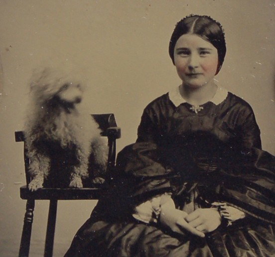 Ambrotype Lady w/ dog: Ambrotype lady w/ dog. See previous lot for gentleman. Image approx. 2-1/2"w x 3-1/4" h.