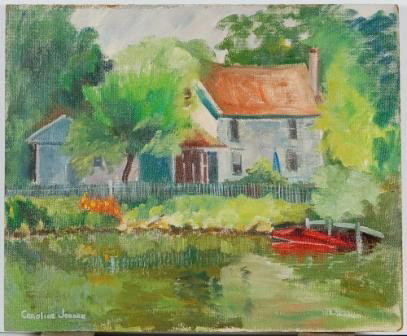 Lakeside House Signed Caroline Jordan Oil/Masonite: Rochester Art Club Member Caroline Jordon Painting. 16" x 19"