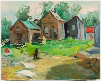 O/B Cabins Signed Caroline Jordan: Rochester Art Club Member Caroline Jordon Oil on Board Painting. 16" x 20"