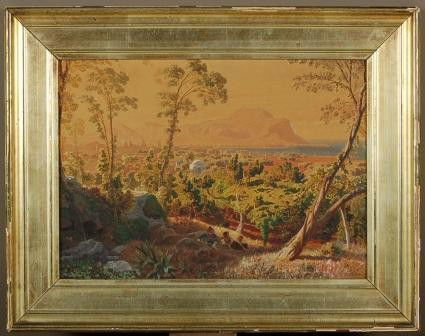 W/C Gouache Palermo, Sicily 1846 sgn. A. Achenbac: Watercolor/ Gouache on board of Palermo Sicily. Signed LR "A. Achenbach 1846" in period gilt frame. Image 8-3/4 x 12. Overall 12-1/4 x 15-1/2. Andreas Achenbach, Greman 1815-1910