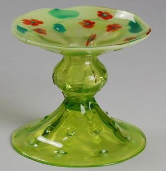 Rare! TIFFANYFAVRILE MORNING GLORY Candleholder: Rare form in extremely rare color.Selling 'AS_IS' Tiffany Studios Favrile Morning Glory Candleholder. Vaseline opal glass going to deeper solid color decorated with red morning glories, green leaves a