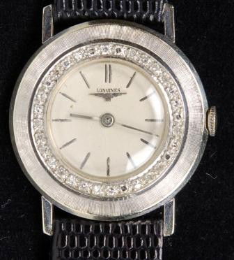 Longines Deco Diamond 14K Wristwatch: Deco White 14K gold Longines Mens Diamond Bezel Wristwatch with 17 Jewel Jules Jurgensen movement.