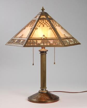 Miller Slag Glass Panel Lamp: Miller Slag Glass Scenic OverlayPanel Lamp. 21" tall, 18" wide.