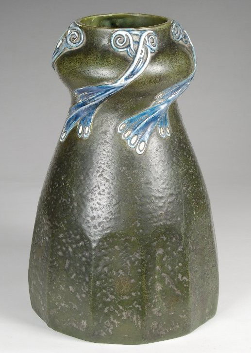 Lg. Dressler Austrian Art Nouveau Vase. Signed with: Lg. Dressler Austrian Art Nouveau Vase. Signed with mark of Julius Dressler, Austria. Unusual olive ground with blue peacock feather decoration shoulder to rim. Impressive size 14-1/2" tall. 9" W at b